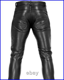 Mens Leather Genuine Sheep Leather Party Pants -Flap Closure Real Leather Pant