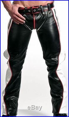 Mens Leather Jeans Pant Trouser Biker Gay Red Black & White Contrast Chaps