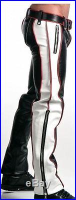 Mens Leather Jeans Pant Trouser Biker Gay Red Black & White Contrast Chaps