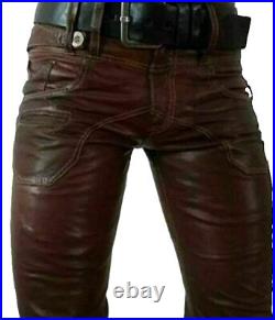 Mens Leather Jeans Pants Trouser 5 Pockets Cowhide Brown Breeches BLUF Levis 501