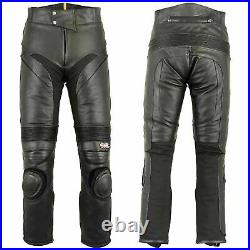 Mens Leather Motorcycle Pants Slim Heavy Duty Lining Biker Jeans Trousers Black