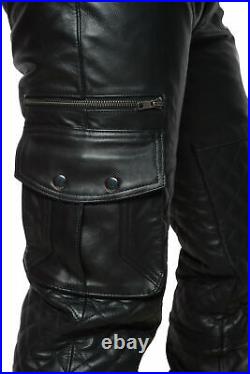 Mens Leather Pant Cargo Quilted Pants Real Black Leather Pants/Trousers
