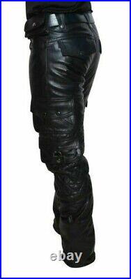 Mens Leather Pant Cargo Quilted Pants Real Black Leather Pants/Trousers