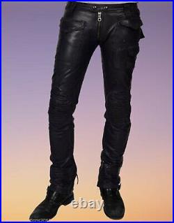 Mens Leather Pant Genuine Lambskin Slim Fit Biker Motorcycle Zipper Trouser-028