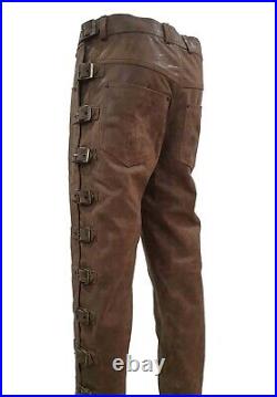 Mens Leather Pants Jeans 5 Pocket Leather Jeans Buckles Vintage Distressed Brown