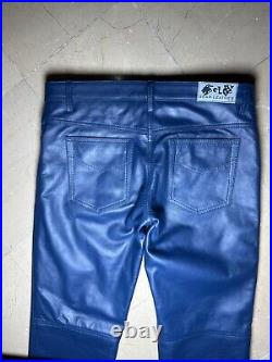 Mens Leather Trouser Motorcycle Navy Vintage Pants Cow thick Leather Jeans 501