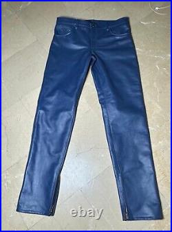Mens Leather Trouser Motorcycle Navy Vintage Pants Cow thick Leather Jeans 501