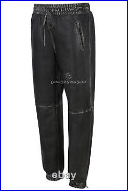Mens Leather Trouser Sweat Track Black Vintage Pant Zip Jogging Bottom 3040