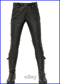 Mens Leg Real Leather Punk Motorcycle Skinny Straight Button Dance Jeans Pant