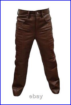 Mens Motorcycle Bikers Brown Crocodile Print Leather Pants Jeans Trouser