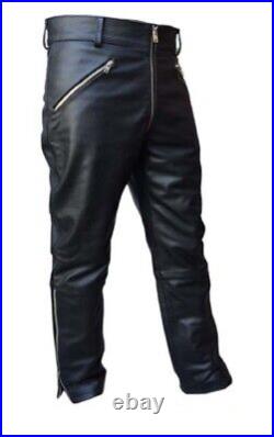 Mens Motorcycle Bikers Real Black Leather Pants Jeans Trousers