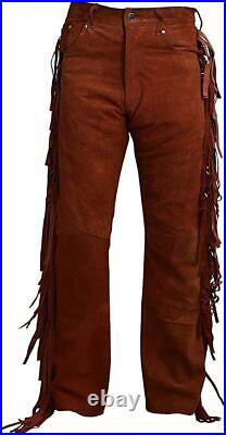 Mens Native American Brown Buckskin suede leather Jeans style pants with fringes
