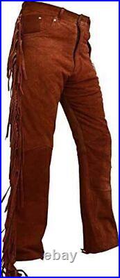 Mens Native American Brown Buckskin suede leather Jeans style pants with fringes
