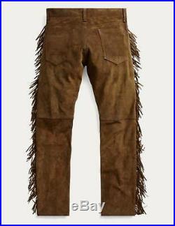 Mens Native American Brown Cow suede leather Jeans style pants with fringes