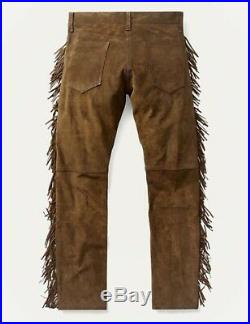 Mens Native American Brown Cowhide suede leather Jeans style pants with fringes
