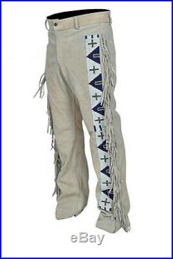 Mens Native American Buckskin Cow Suede Leather Pants Fringes Long Beads TP04
