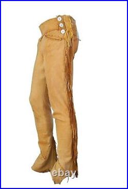 Mens Native American Buffalo Leather Hippie Ragged Bottom Pants Fringes PLB05