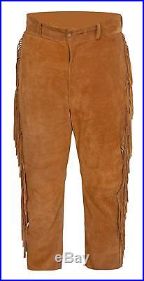 Mens Native American Western Suede Leather Suit with pullover Shirt Pants Fringe