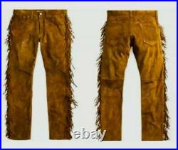 Mens New Brown Buckskin Suede leather Western Hippy Fringes Pants