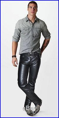 Mens Premium Cowhide Leather Pants Skin Fit Slim Fit Biker Style Fashion Pants