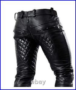Mens Pure Cow Leather Black Quilted Pant Full Zipper Guy Pant Trouser Pockets