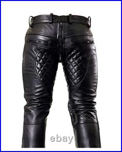 Mens Pure Cow Leather Black Quilted Pant Full Zipper Guy Pant Trouser Pockets