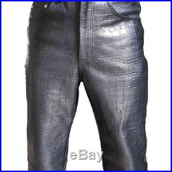 Mens Real Black Alligator Crocodile Print Leather 501 Style Jeans Pant Trouser