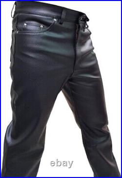 Mens Real Black Cow Leather Sleek & Sexy Style 501 Jeans Motorcycle Biker Pants