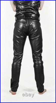 Mens Real Black Cowhide Leather 501 Style Jeans Pants Trousers