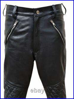 Mens Real Black Genuine Leather Motorbike Pant Biker Rider Trouser Zipper Jeans