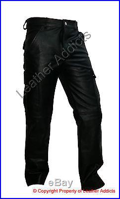 Mens Real Black Leather 6 Pockets Cargo Pants Jeans Fully Lined (cargo2-blk)