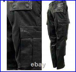 Mens Real Black Leather Motorbike Pant Biker Jeans Cargo 6 Pocket Trouser