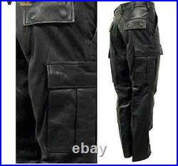 Mens Real Black Leather Motorbike Pant Biker Jeans Cargo 6 Pocket Trouser
