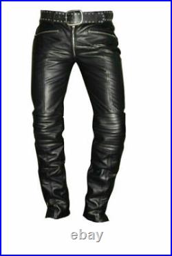 Mens Real Black Leather Pant Breeches Motorbike Biker Pants Jeans Bluf Trouser