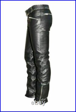 Mens Real Black Leather Pant Breeches Motorbike Biker Pants Jeans Bluf Trouser