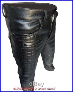 Mens Real Black Leather Quilted Design Motorcycle Bikers Pants Jeans Trouser-502