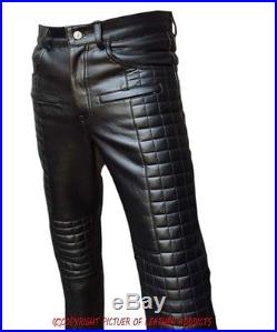 Mens Real Black Leather Quilted Design Motorcycle Bikers Pants Jeans Trouser-502