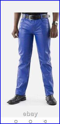 Mens Real Blue Premium Genuine Leather Pants 501 Style Causal Wear