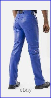 Mens Real Blue Premium Genuine Leather Pants 501 Style Causal Wear