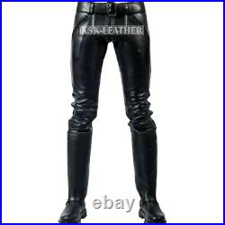 Mens Real Cow Leather Double Zips Pants Gay Cowhide Interest BLUF Jeans