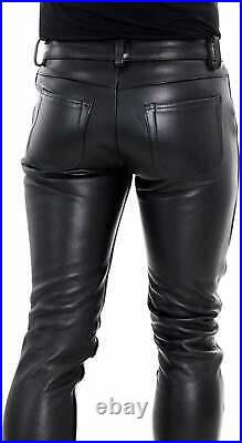 Mens Real Cow Leather Thigh Fit 501 Style Jeans Pants Custom Made Glace Black