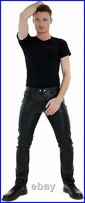 Mens Real Cow Leather Thigh Fit 501 Style Jeans Pants Custom Made Glace Black