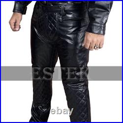 Mens Real Cowhide Black Leather Biker Pants Quilted Trousers with Back Zip