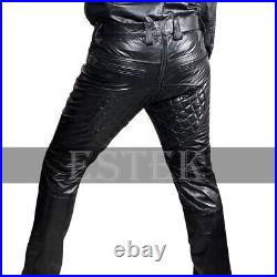 Mens Real Cowhide Black Leather Biker Pants Quilted Trousers with Back Zip