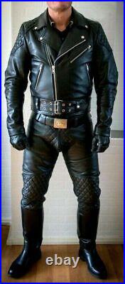 Mens Real Cowhide Leather Bikers Motorcycle Quilted BLUF Pants Causal Wear