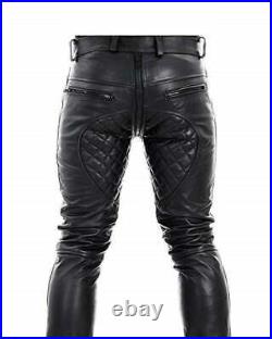 Mens Real Cowhide Leather Bikers Motorcycle Quilted BLUF Pants Causal Wear