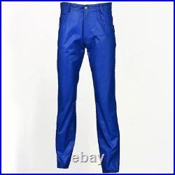 Mens Real Cowhide Leather Soft Slim Fit Blue Leather Pants Casual Tight Biker