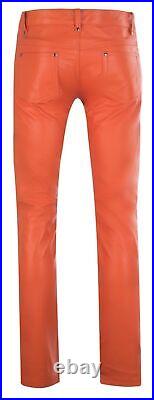 Mens Real Cowhide Leather Soft Slim Fit Orange Leather Pants Casual Tight Biker