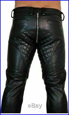 Mens Real Leather Biker Pant Double Zip quilted for Gay BLUF Breeches Lederhosen
