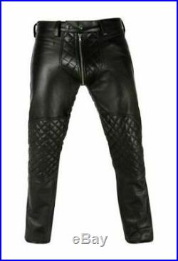 Mens Real Leather Biker Pant Double Zip quilted for Gay BLUF Breeches Lederhosen